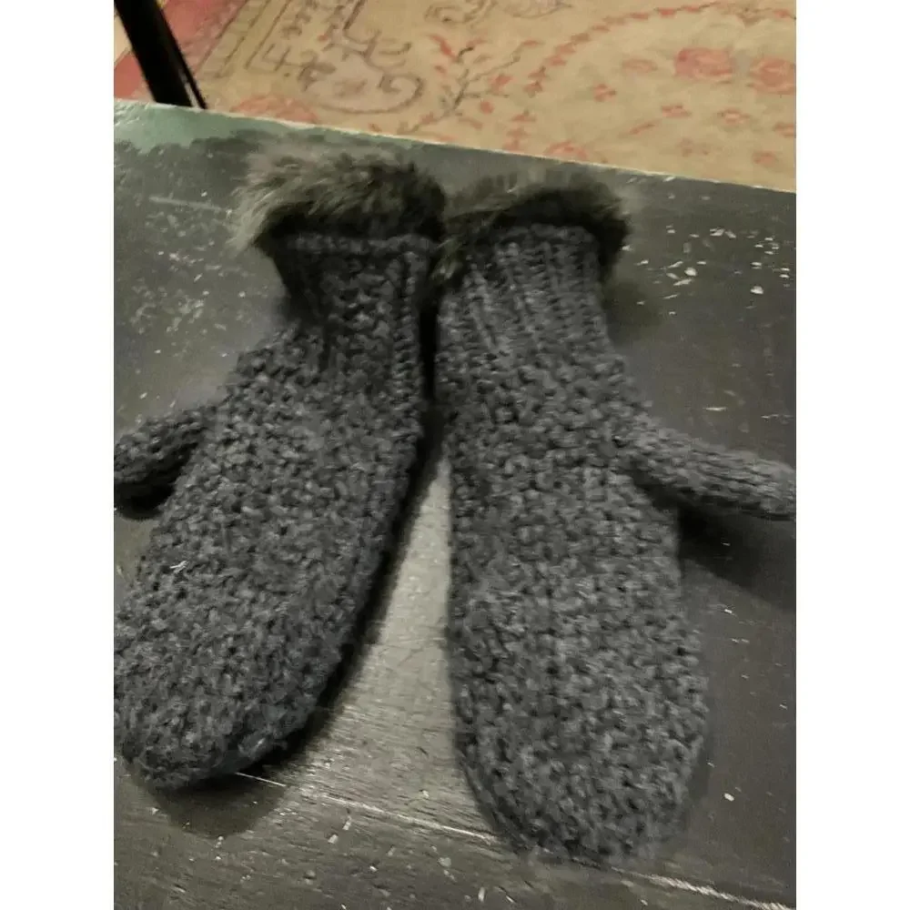 Mark and Graham wool blend Grey Knit Mittens with Faux Fur Trim